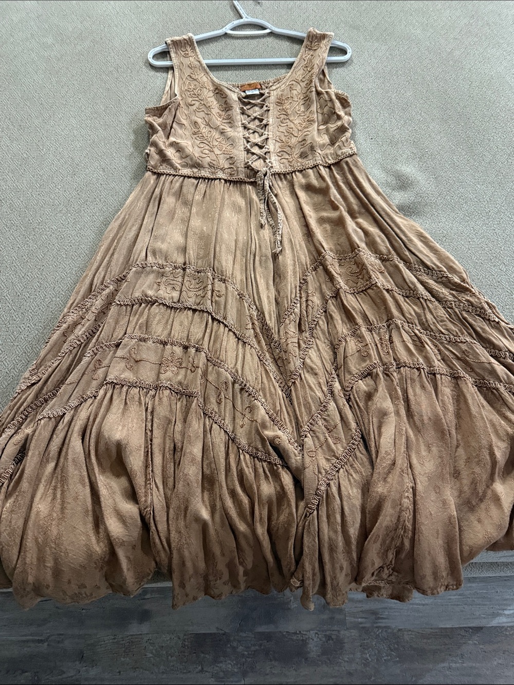 Scully Tan Lace-Up Embroidered Tiered Maxi Dress